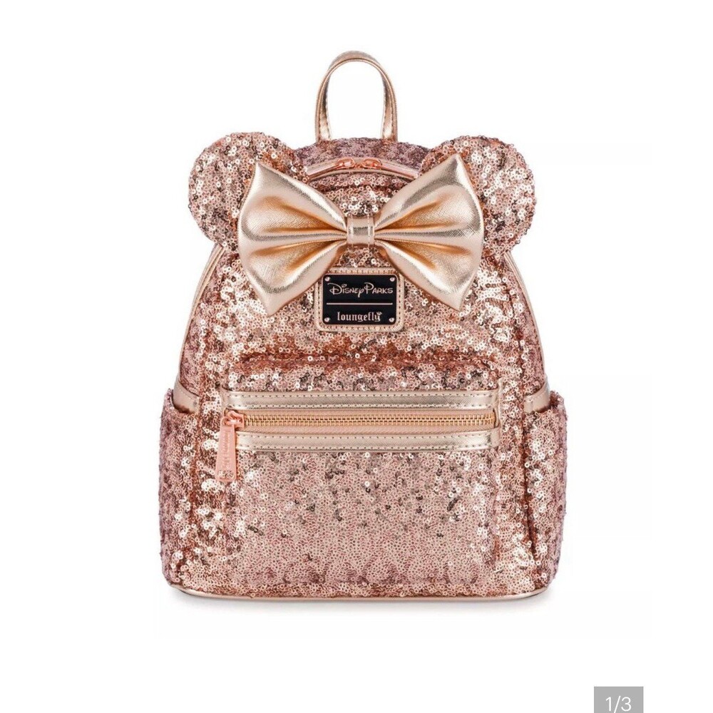 Disney Parks Exclusive Loungefly Sequined Rose Gold Pink Mini Backpack Bag EUC